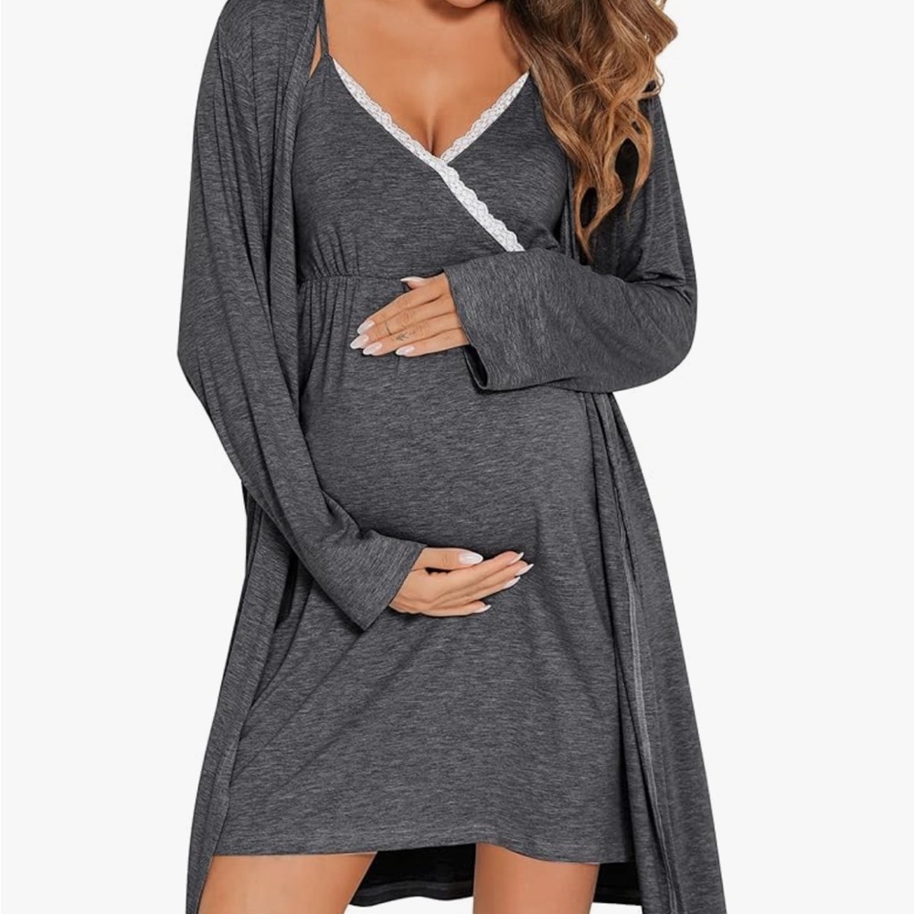 Women's Gray Maternity Nightgown and Robe 2 pc Set-L